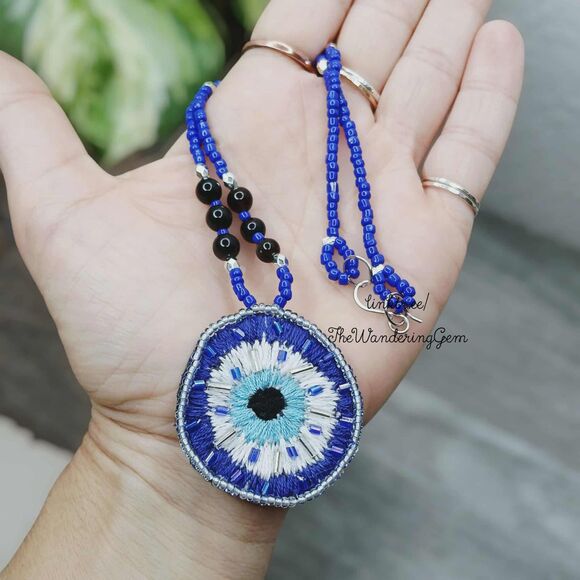 Hand Embroidered Evil Eye Beaded Choker Necklace, 15" - Picture 2 of 7